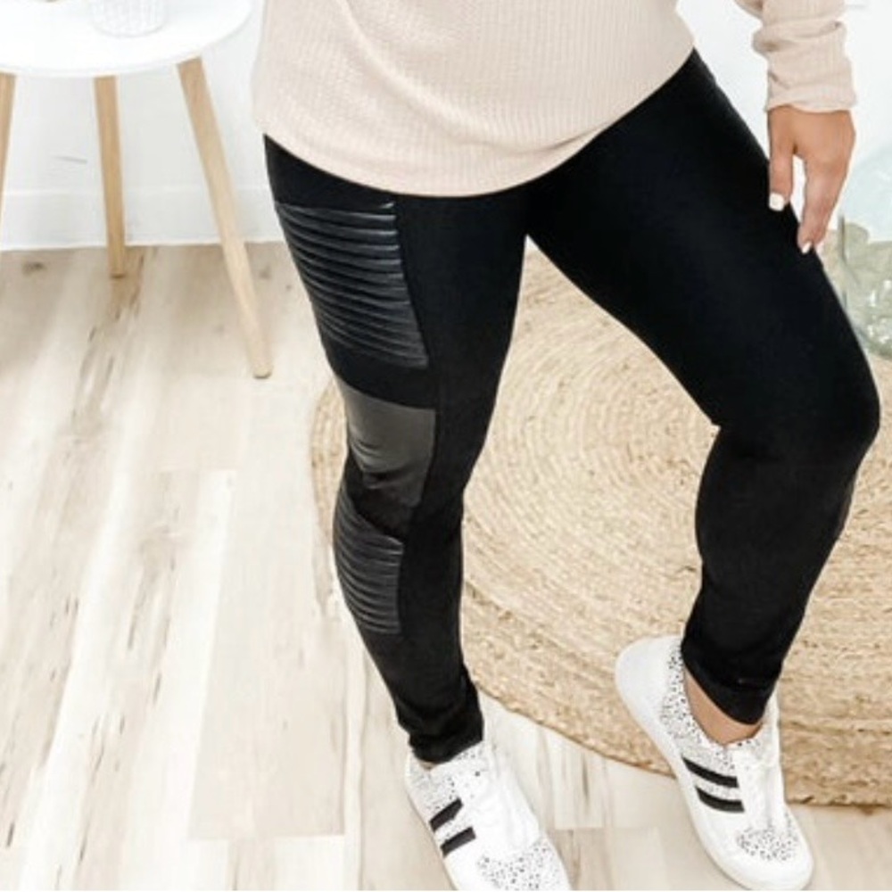 White Birch Black Leggings with Faux Leather Accents